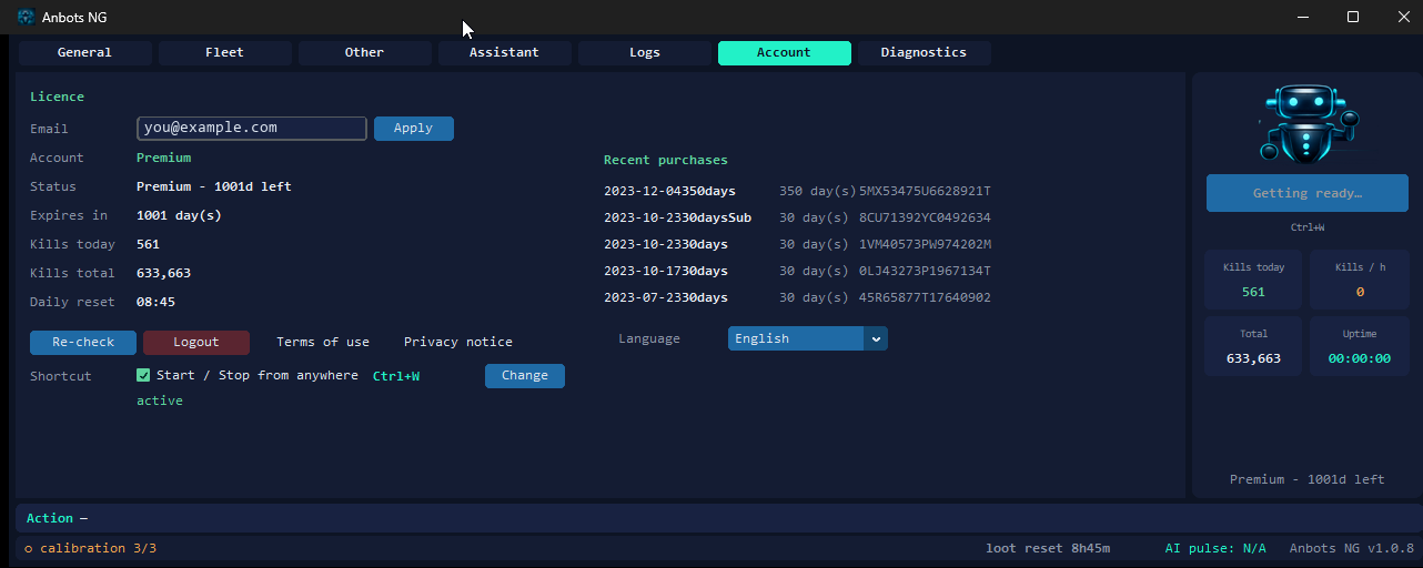 The Account tab of Anbots NG: the email field, the Apply button, and the licence status below