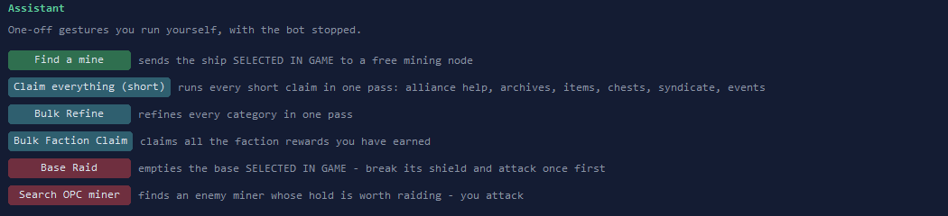 The Assistant tab of Anbots NG: Find a mine, Claim everything, Bulk Refine, Bulk Faction Claim, Base Raid, Search OPC miner