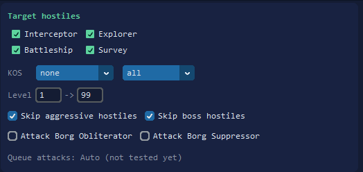 The General tab of Anbots NG: hostile types, Kill on Sight, the level range and the skip options