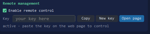 The Remote management box in the Other tab of Anbots NG: the key, Copy, New key and Open page