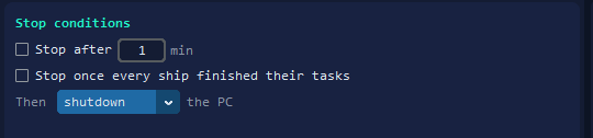 The Stop conditions panel of Anbots NG: stop after so many minutes, stop once every ship finished, and what the PC does then