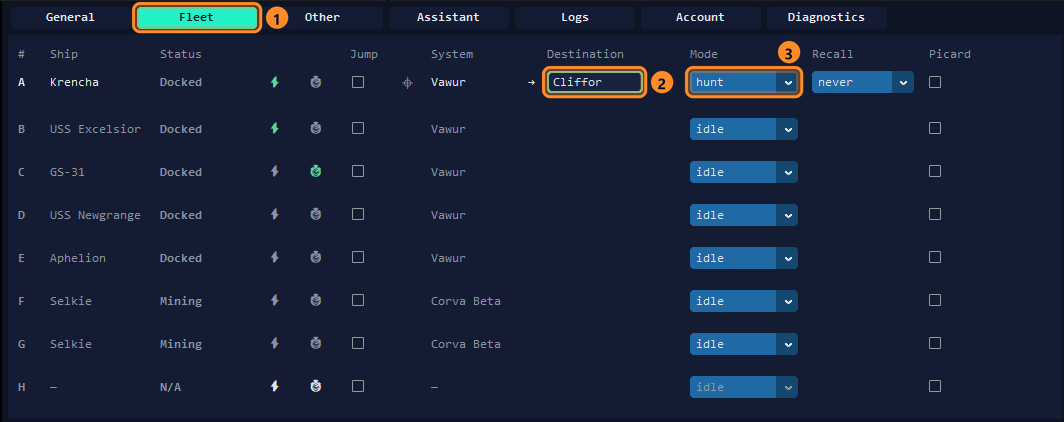 The Fleet tab of Anbots NG: the Destination field and the Mode list set to hunt