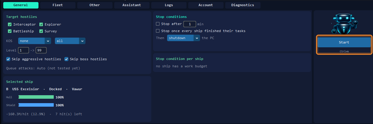 The General tab of Anbots NG with the Start button and its keyboard shortcut